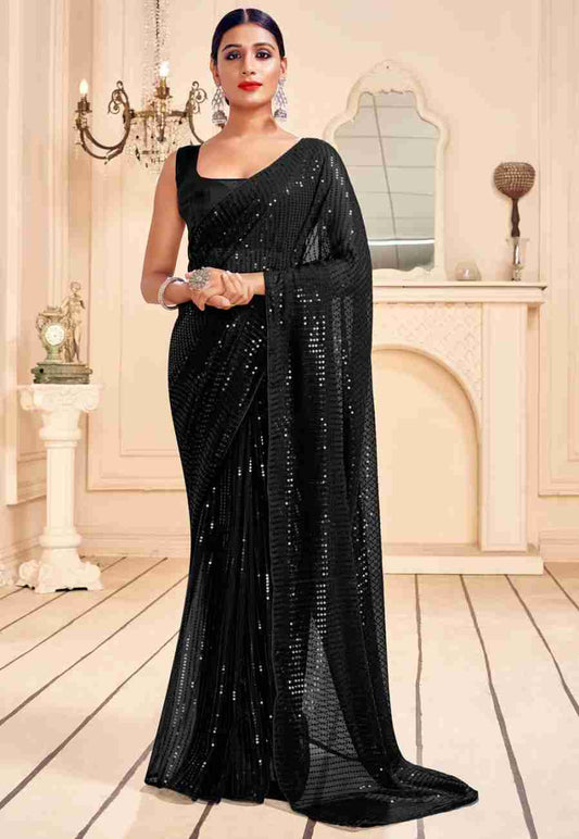 Party Wear Black Sequence Georgette Saree