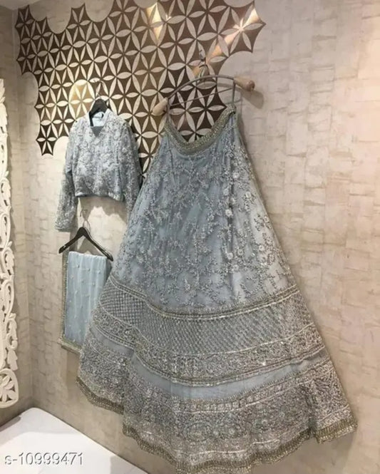 Wow Grey Semi Stitched Net Lehenga Choli for Women