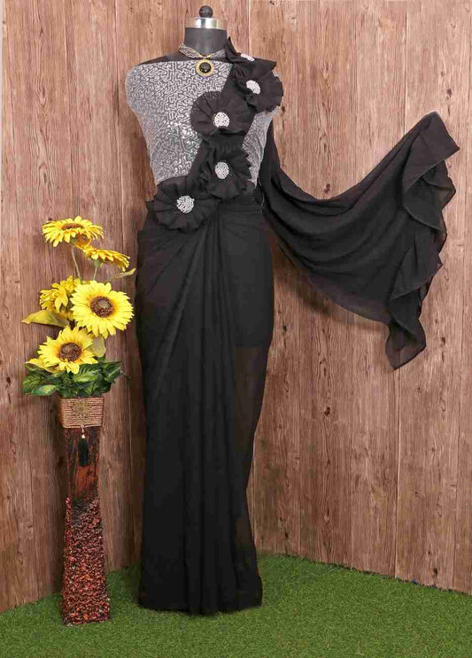 Black Georgette Saree With White Blouse Piece